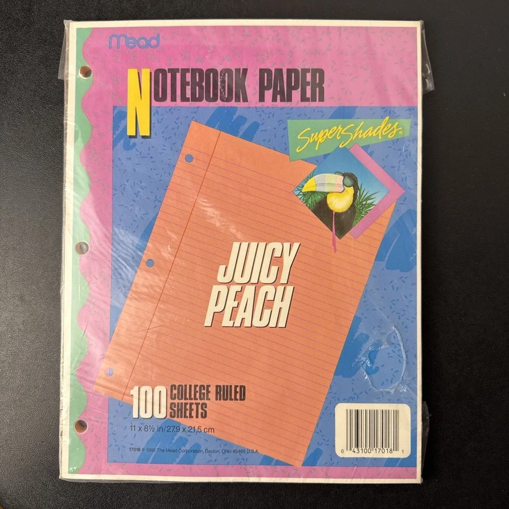 Vtg 1988 Mead JUICY PEACH Super Shades Notebook Paper 100 Clg Rule Sheets 11x8.5